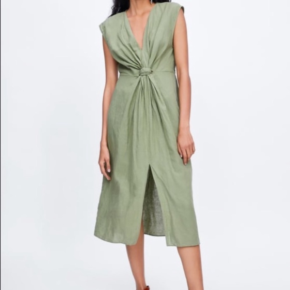 SAGE GREEN LINEN BLEND KNOT FRONT DRESS